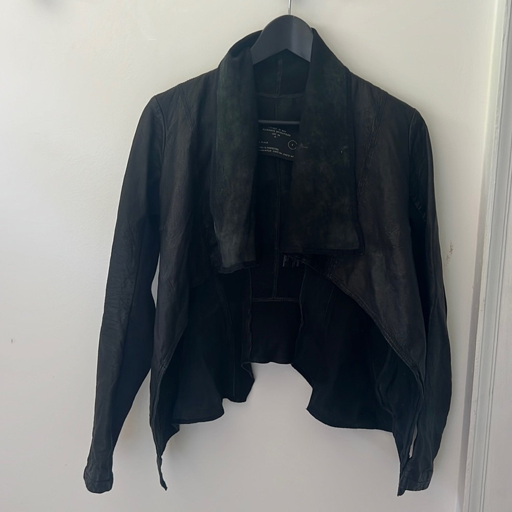 AllSaints Spitalfields black leather fitted jacket